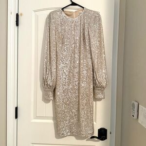 Eliza J Long Sleeve Sequin Dress in Silver